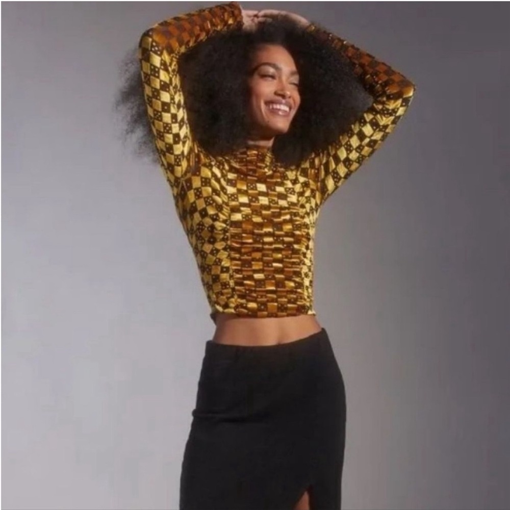 UO Urban Outfitters Natalia Burnout High Neck Ruched Velvet Dice Top